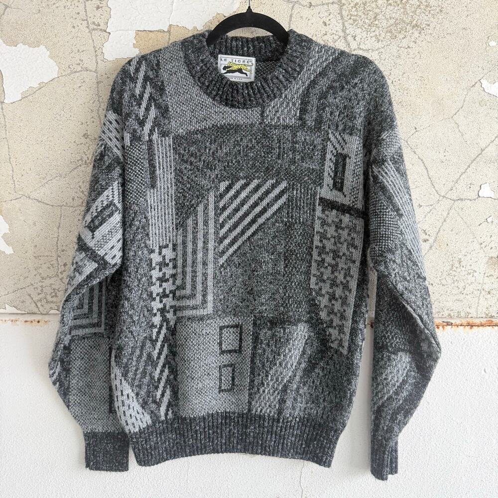 Vtg Grandpa Sweater Geometric Knit Black Gray 90s Le Tigre USA Made Retro Mens L